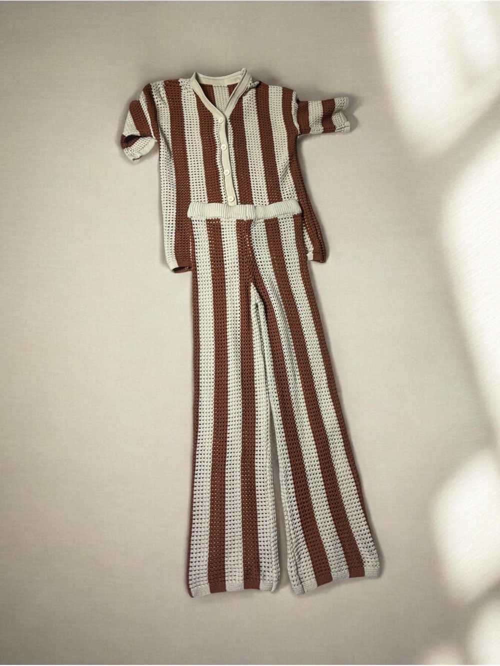 Striped Crocheted Two-Piece Set - Brown & Cream